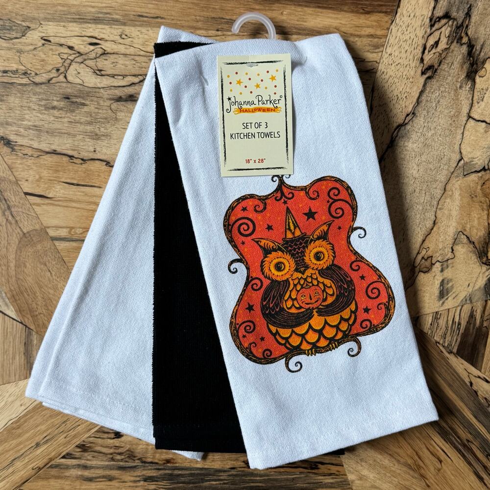 Johanna Parker Halloween Kitchen Towels Set of 3 Vintage Owl Pumpkin Folk Art